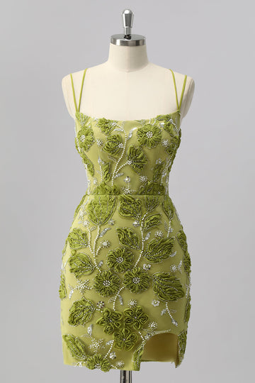 Green Bodycon Beaded Mini Cocktail Dress with 3D Flowers